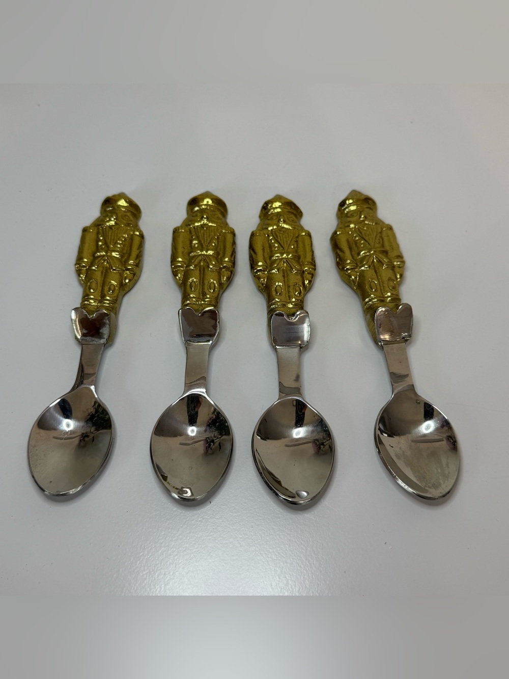 Set of 4 Vintage Nutcracker Soldier Demitasse Espresso Spoons Gold Tone Handles